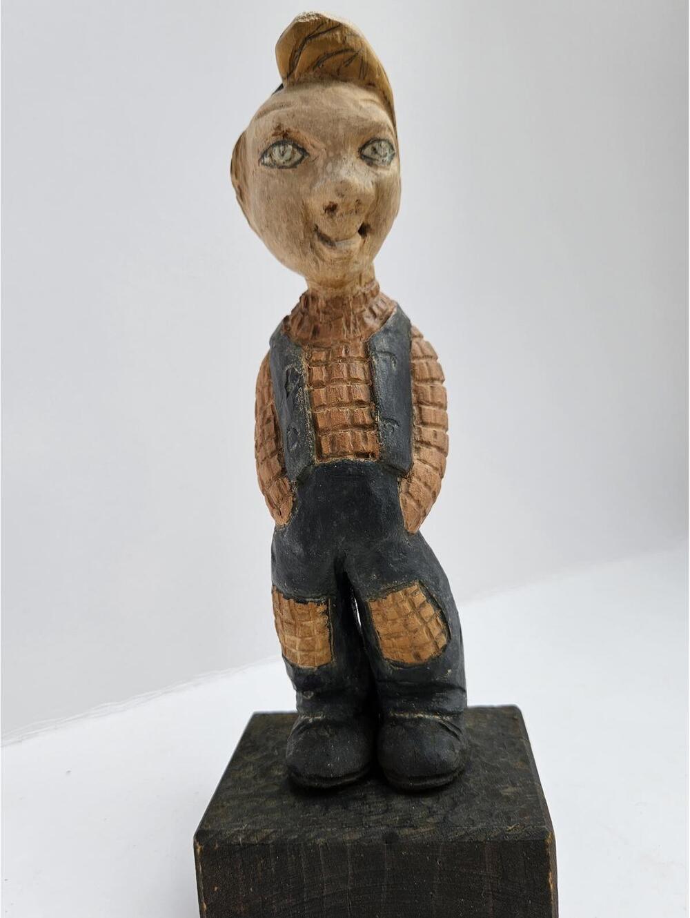 Vintage Hand-Carved Folk Art Statue Rustic Whittle Man with Initials as Buttons